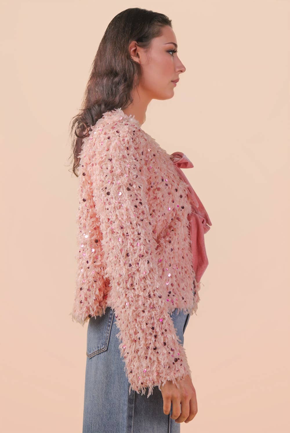 NJ90462-Sequin Textured Holiday Jacket W/ Front Tie