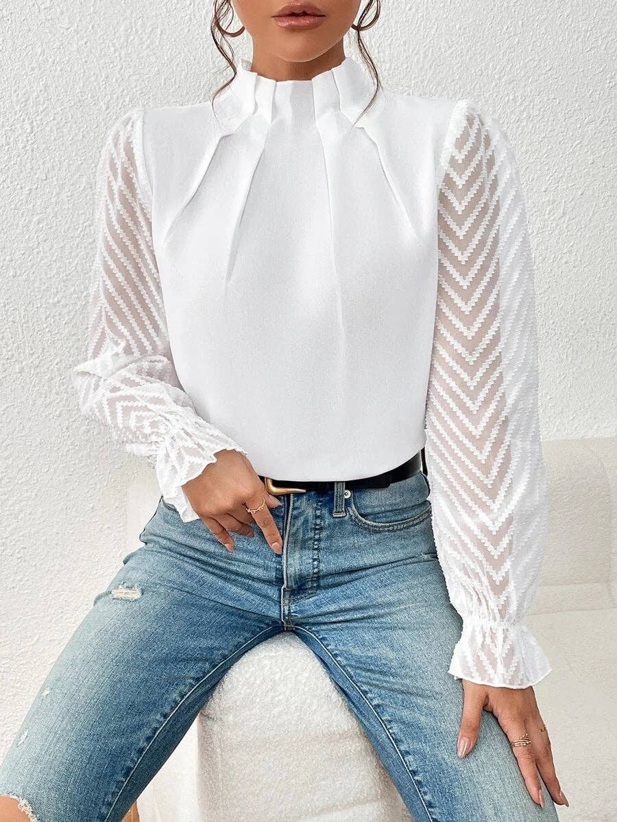 Mock Neck Chiffon Blouse Lace Sleeve Elegant Work Top