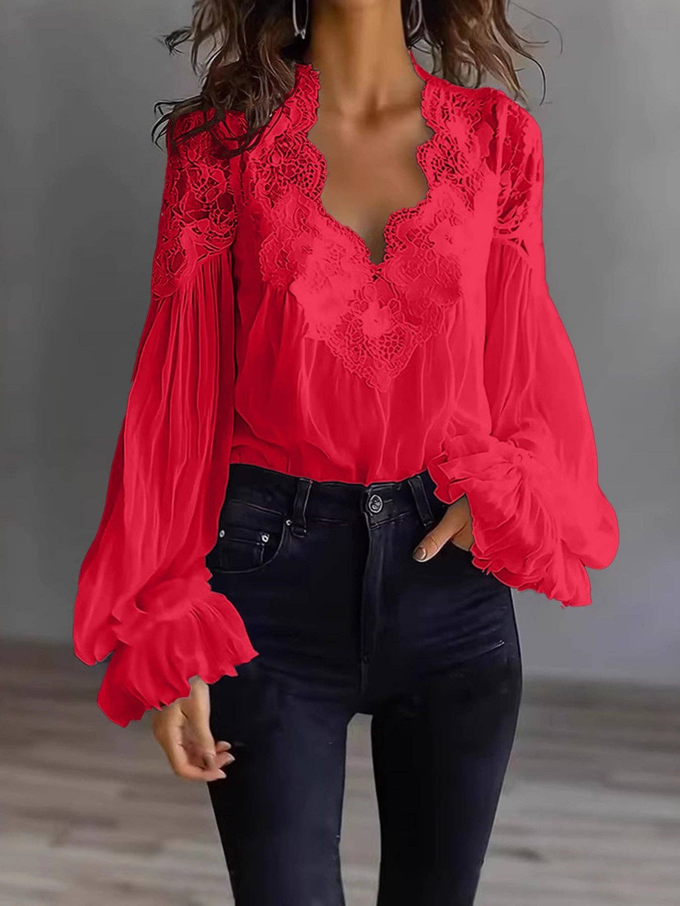 Embroidered Lace V Neck Balloon Sleeve Blouse