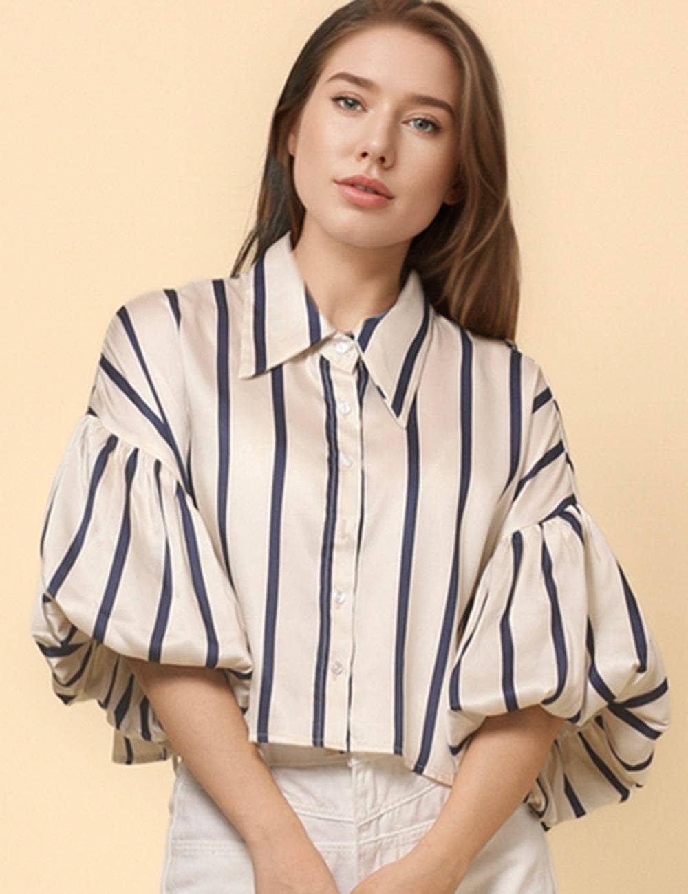 Ladies Lantern Sleeve Striped Short Shirt