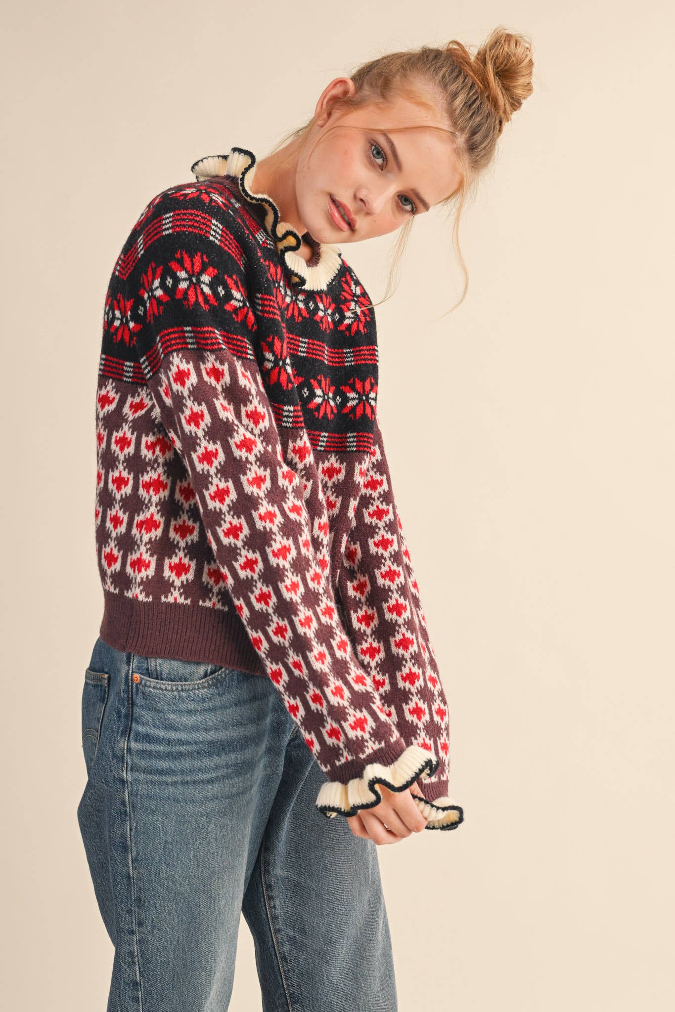 RUFFLED MOCK NECK FAIR ISLE SWEATER MSW10961