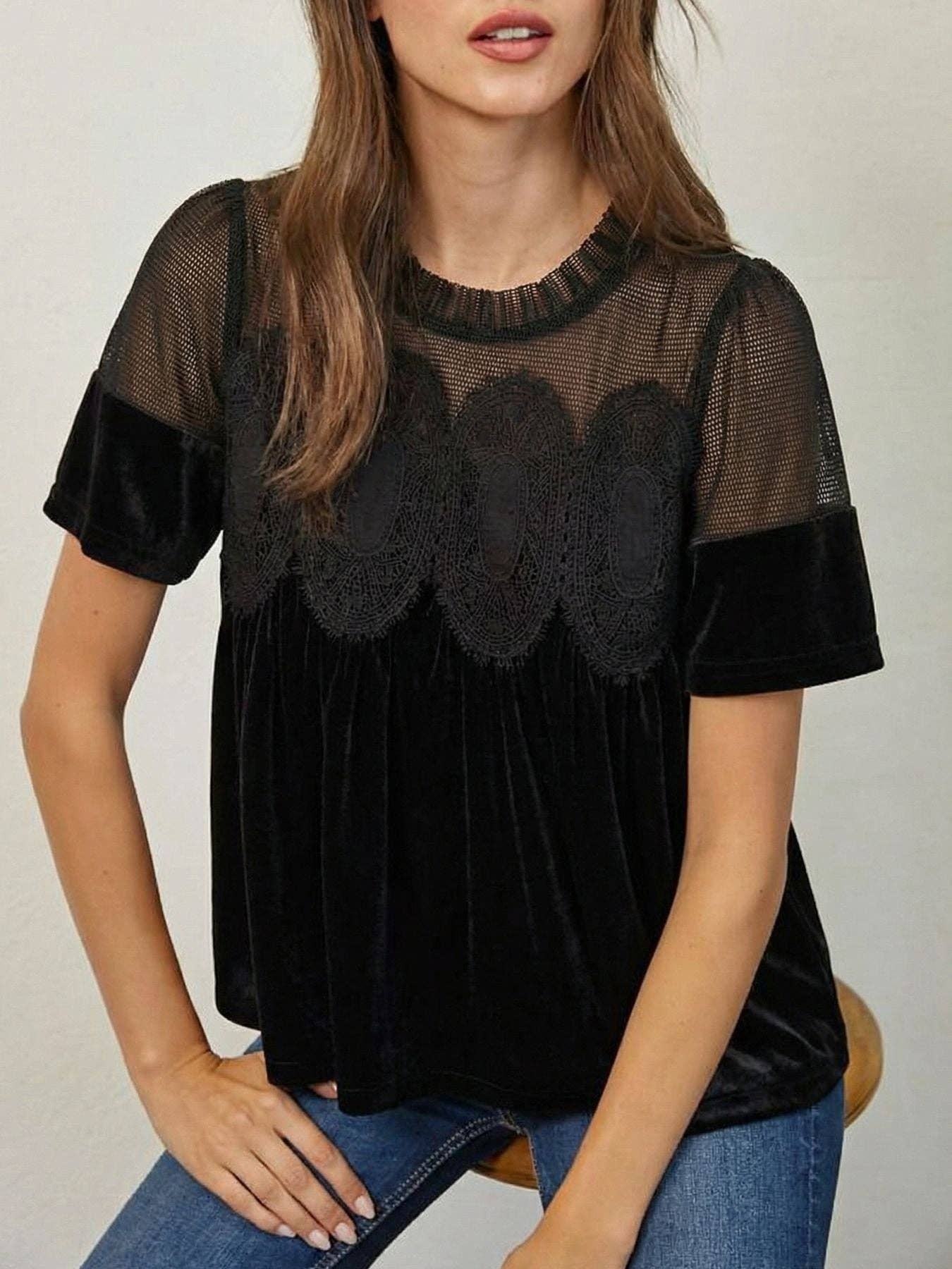 Velvet Top with Lace & Embroidered Trim Gold Velvet Puff Sleeve Blouse