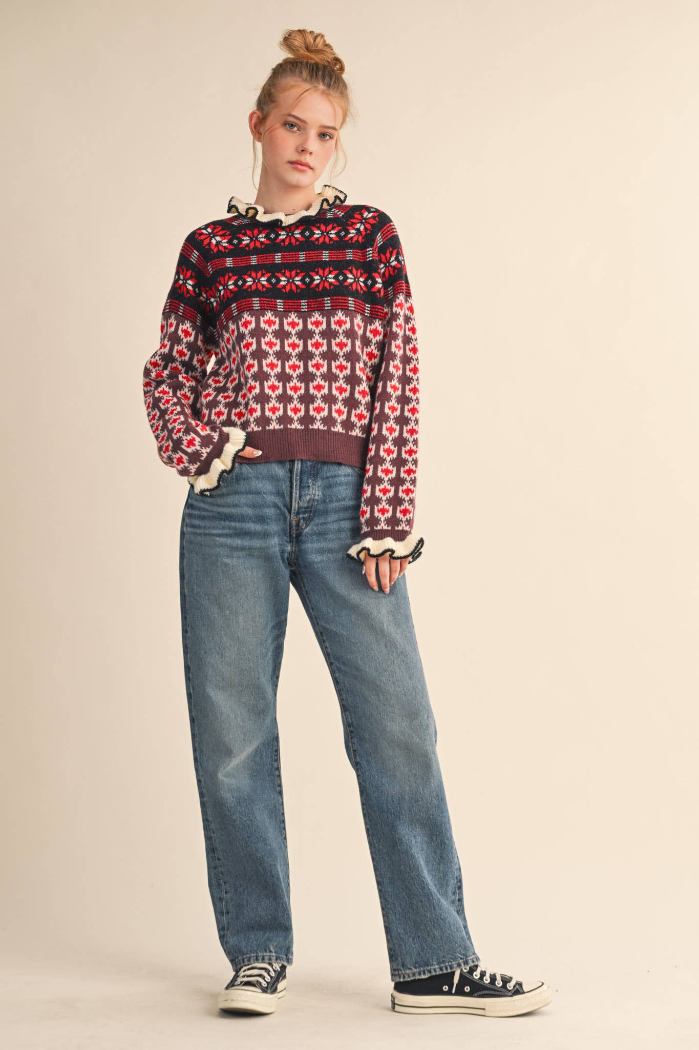 RUFFLED MOCK NECK FAIR ISLE SWEATER MSW10961