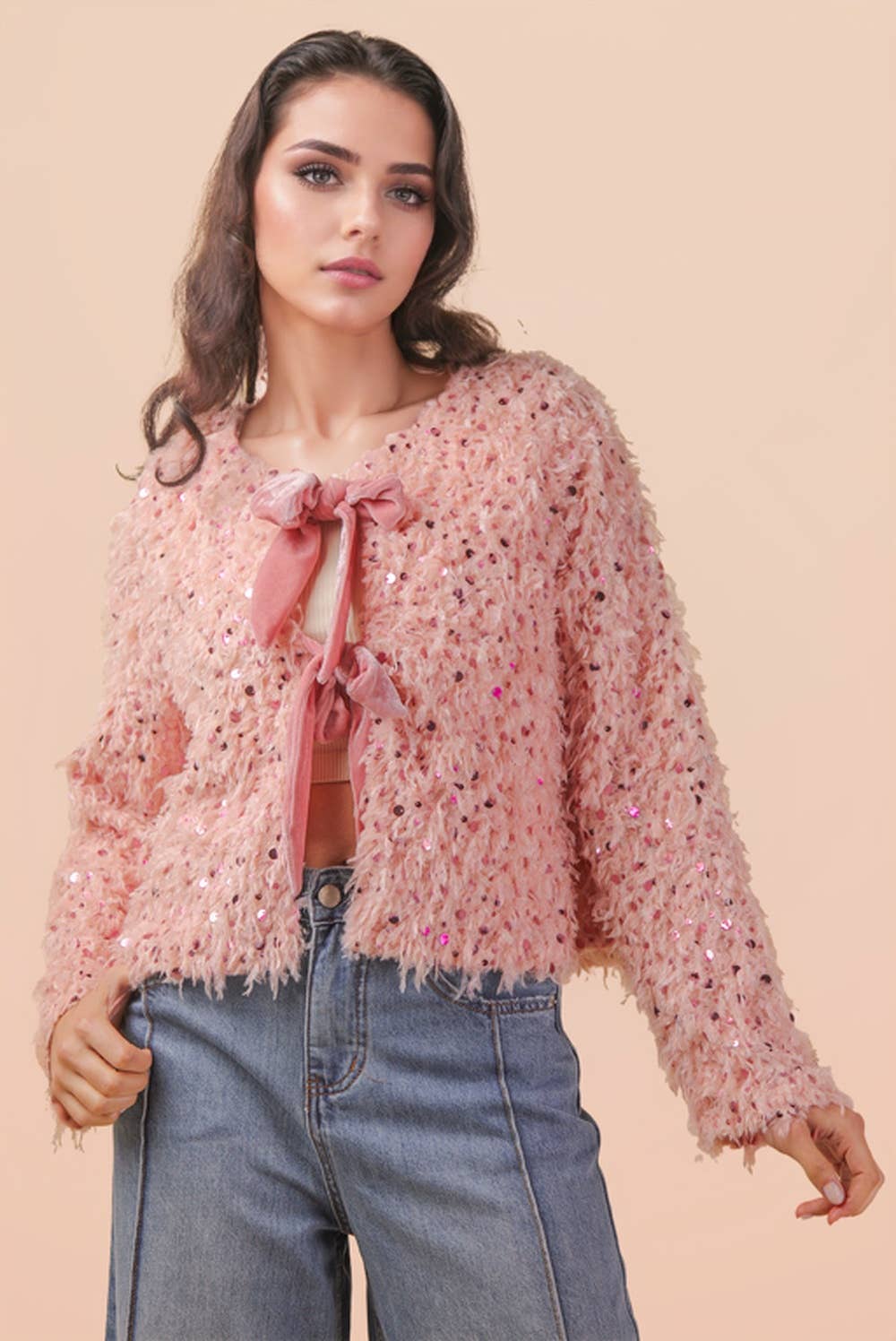 NJ90462-Sequin Textured Holiday Jacket W/ Front Tie