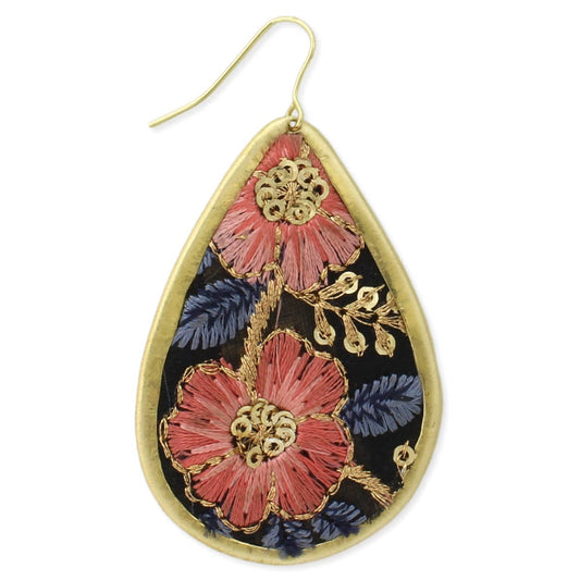 Vintage Pink Blue Embroidered Teardrop Earring