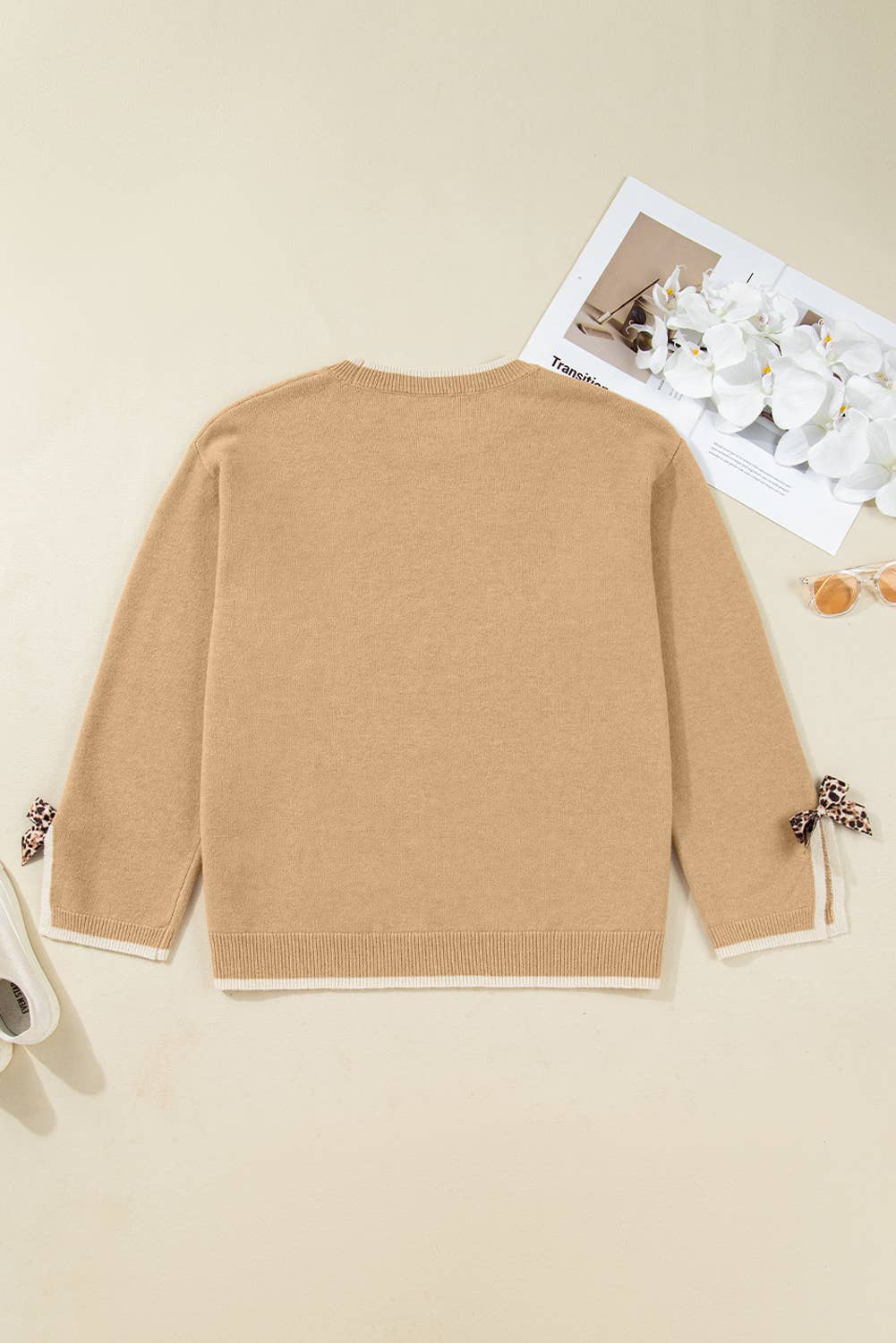 Leopard Bow Decor Split Cuff Plus Size Trim Sweater (S-4X)