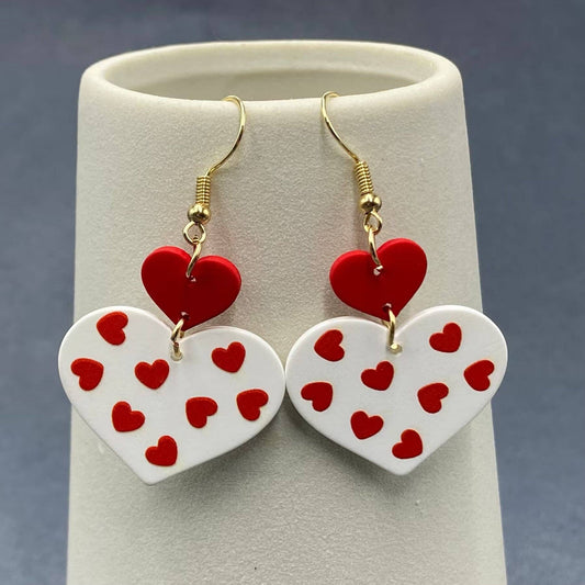 Red & White Two Tone Heart Earrings Valentine's Day Jewelry