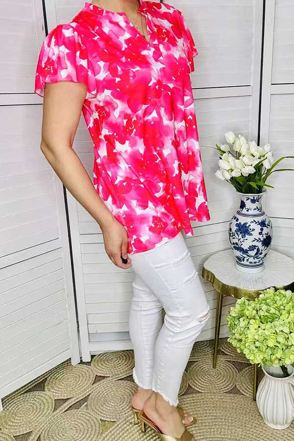 Short sleeve/ruffle V-neckline women tops GJQ15835