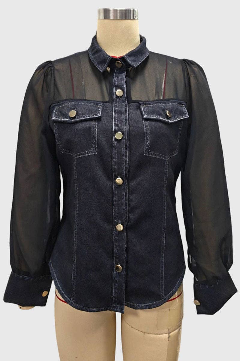 Sheer Sleeve Button-Front Shirt