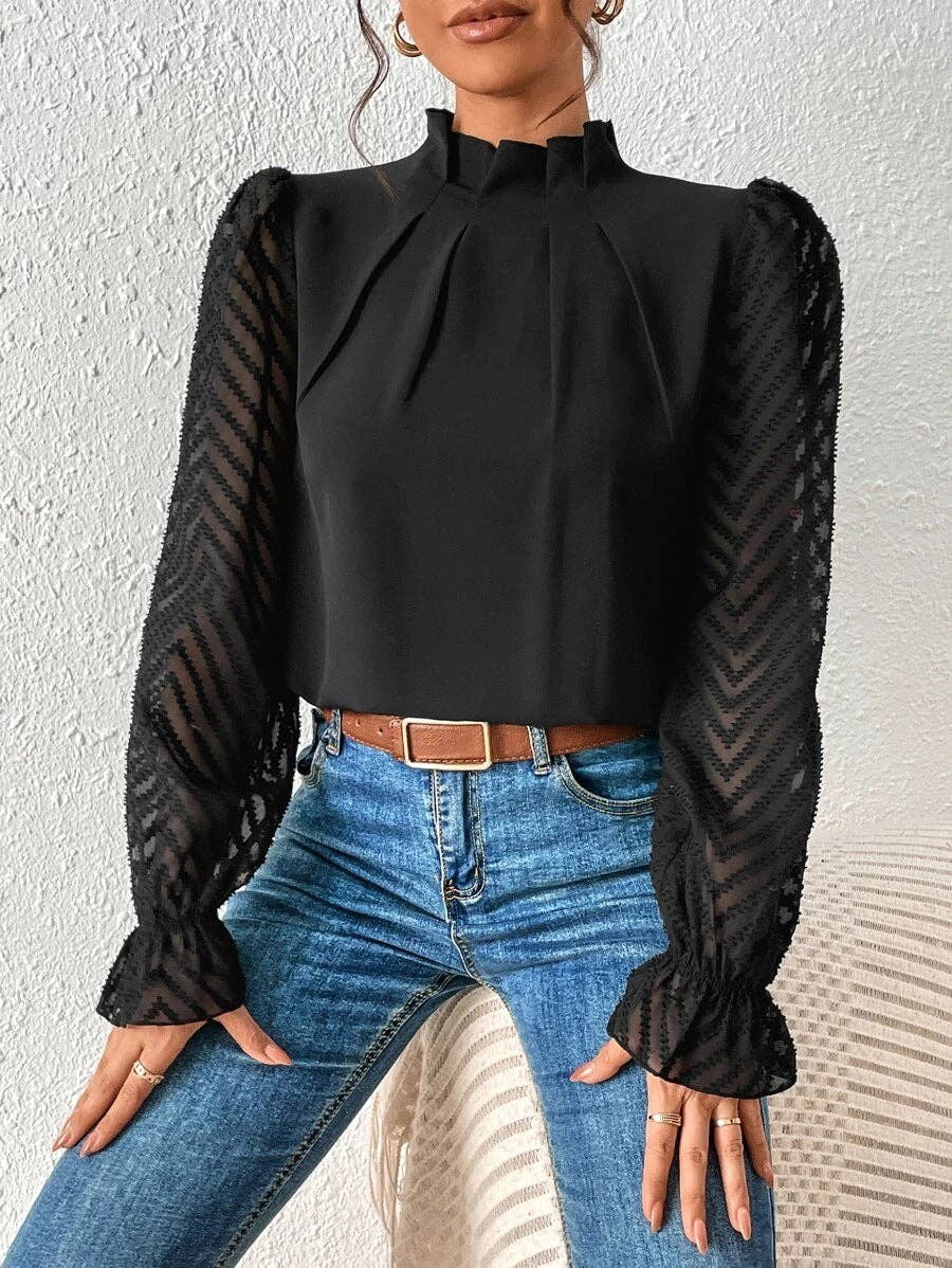 Mock Neck Chiffon Blouse Lace Sleeve Elegant Work Top