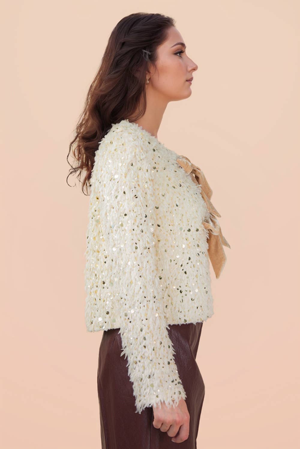 NJ90462-Sequin Textured Holiday Jacket W/ Front Tie