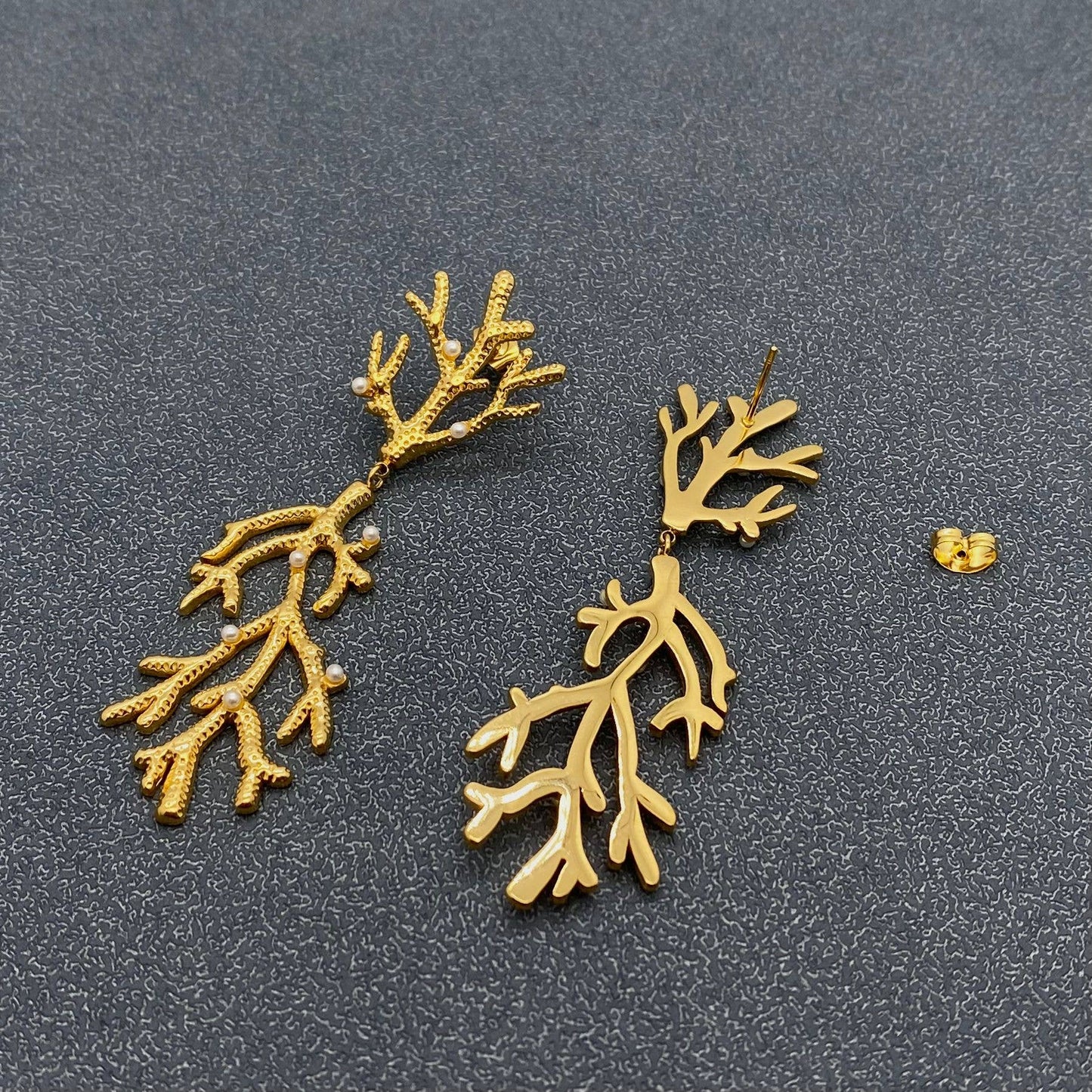 Inlaid Pearl Coral 18K Gold Plated SS Post Earrings - FGS