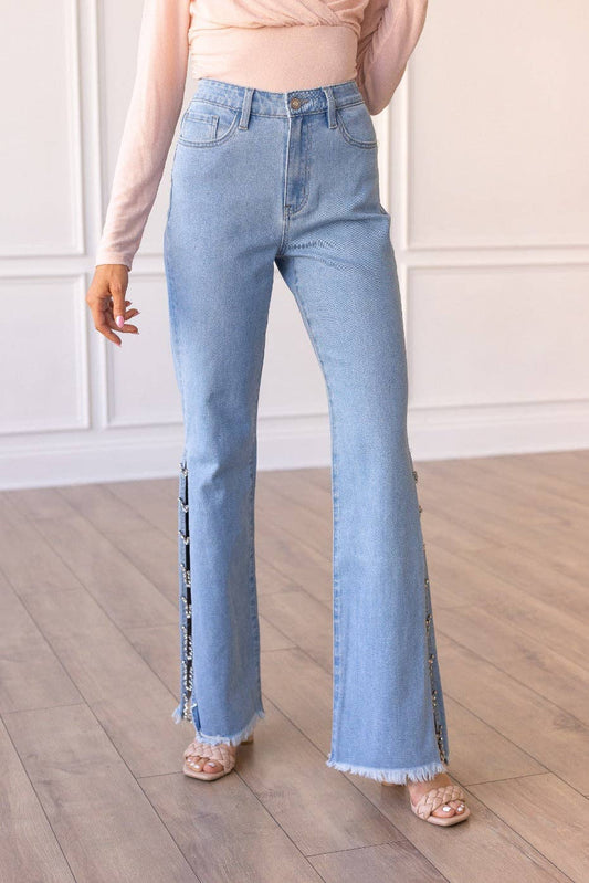 Light Wash Jeans with Crystal Chain Detail
