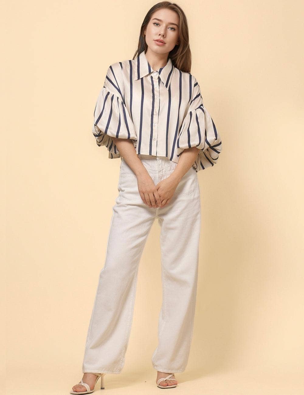 Ladies Lantern Sleeve Striped Short Shirt