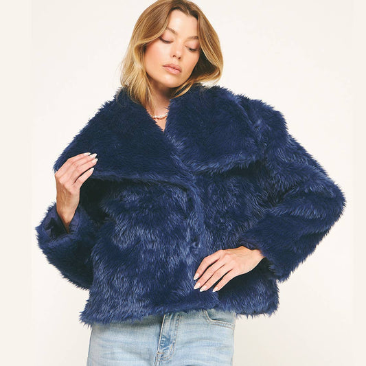 LUXE NAVY FAUX FUR CROPPED JACKET