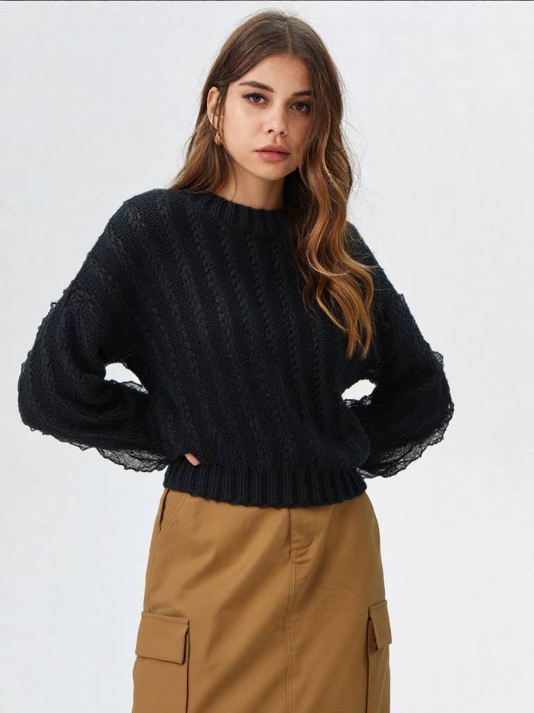 12W2901V-Lace Trim Oversized Knit Sweater Top