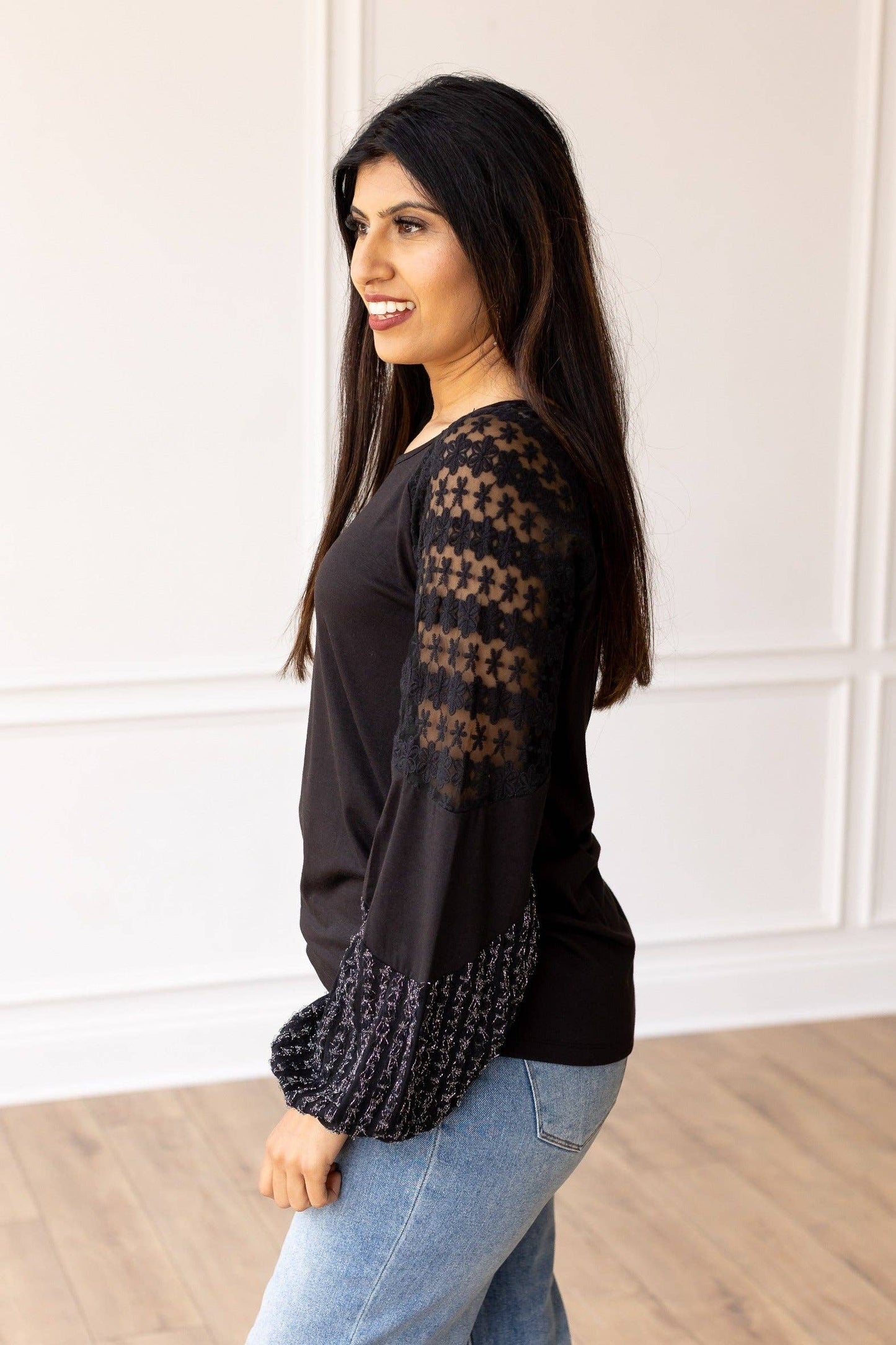 Enchanted Evening Black and Silver Lace Patch Sleeve Top