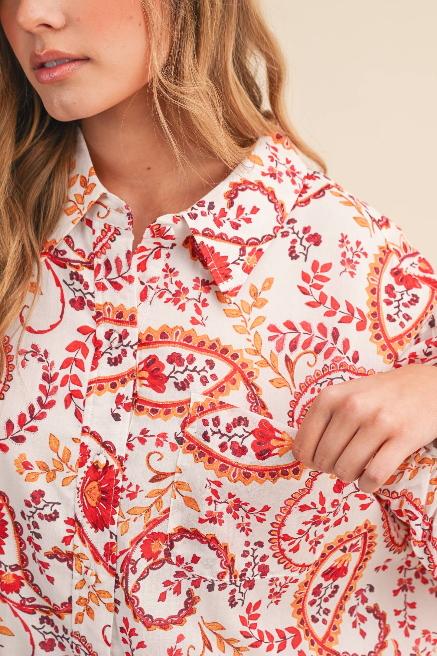 EXCLUSIVE PAISLEY PRINT BUTTON DOWN BUBBLE SLV TOP MTP4568