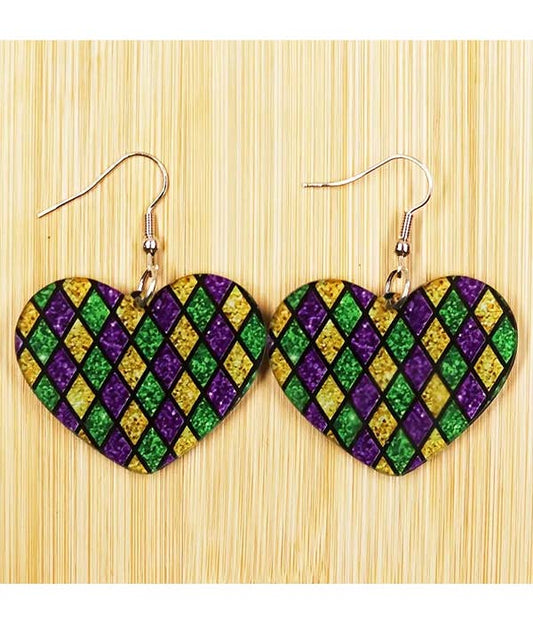 ( U966 )  MARDI GRAS THEME ACRYLIC HEART EARRING