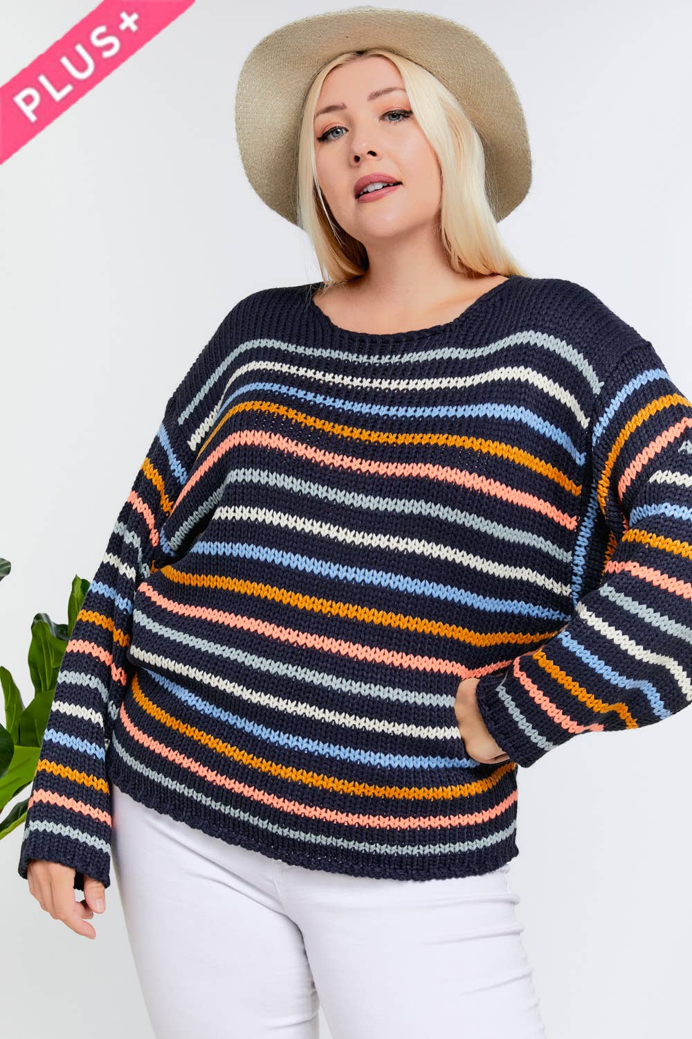 PLUS STRIPE ROUND NECK LONG SLEEVE SWEATER - Acrylic