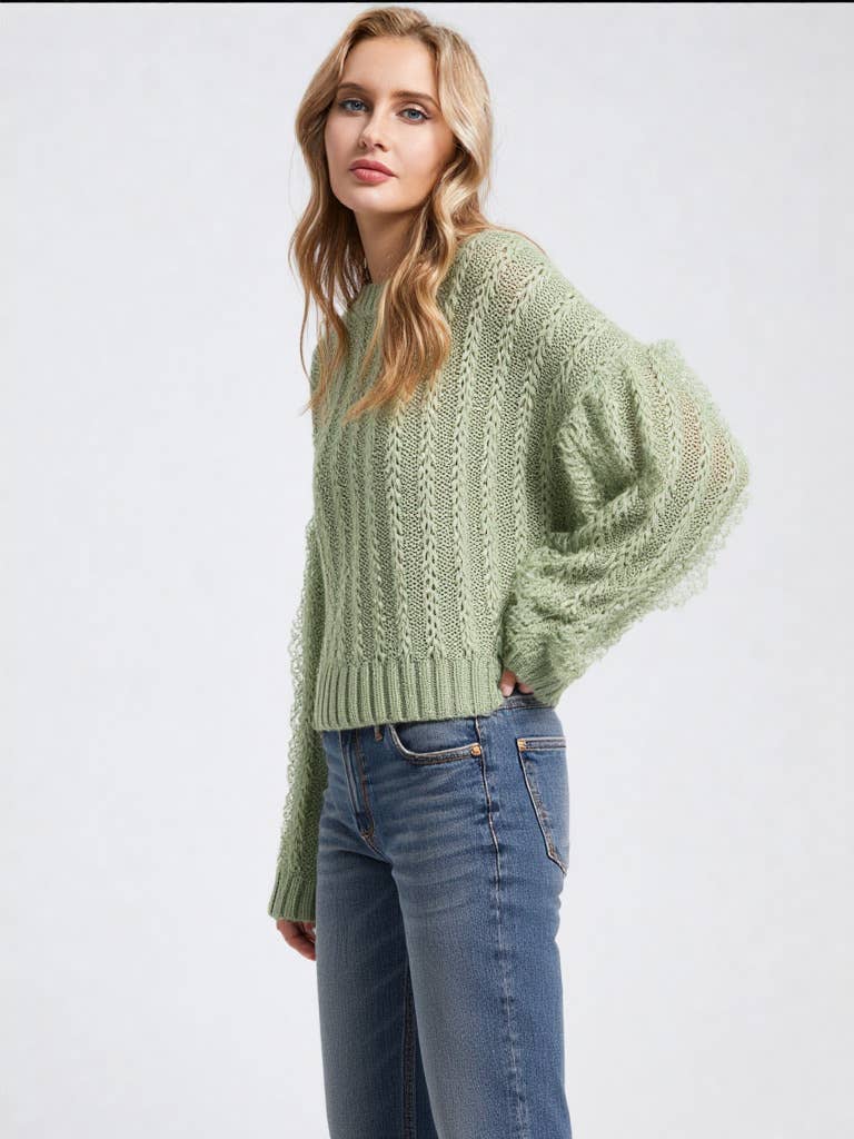 12W2901V-Lace Trim Oversized Knit Sweater Top