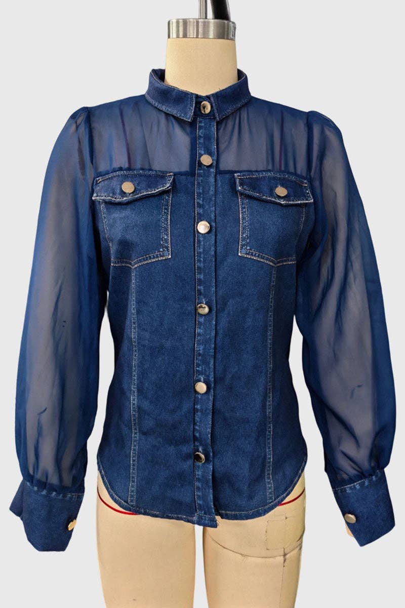 Sheer Sleeve Button-Front Shirt