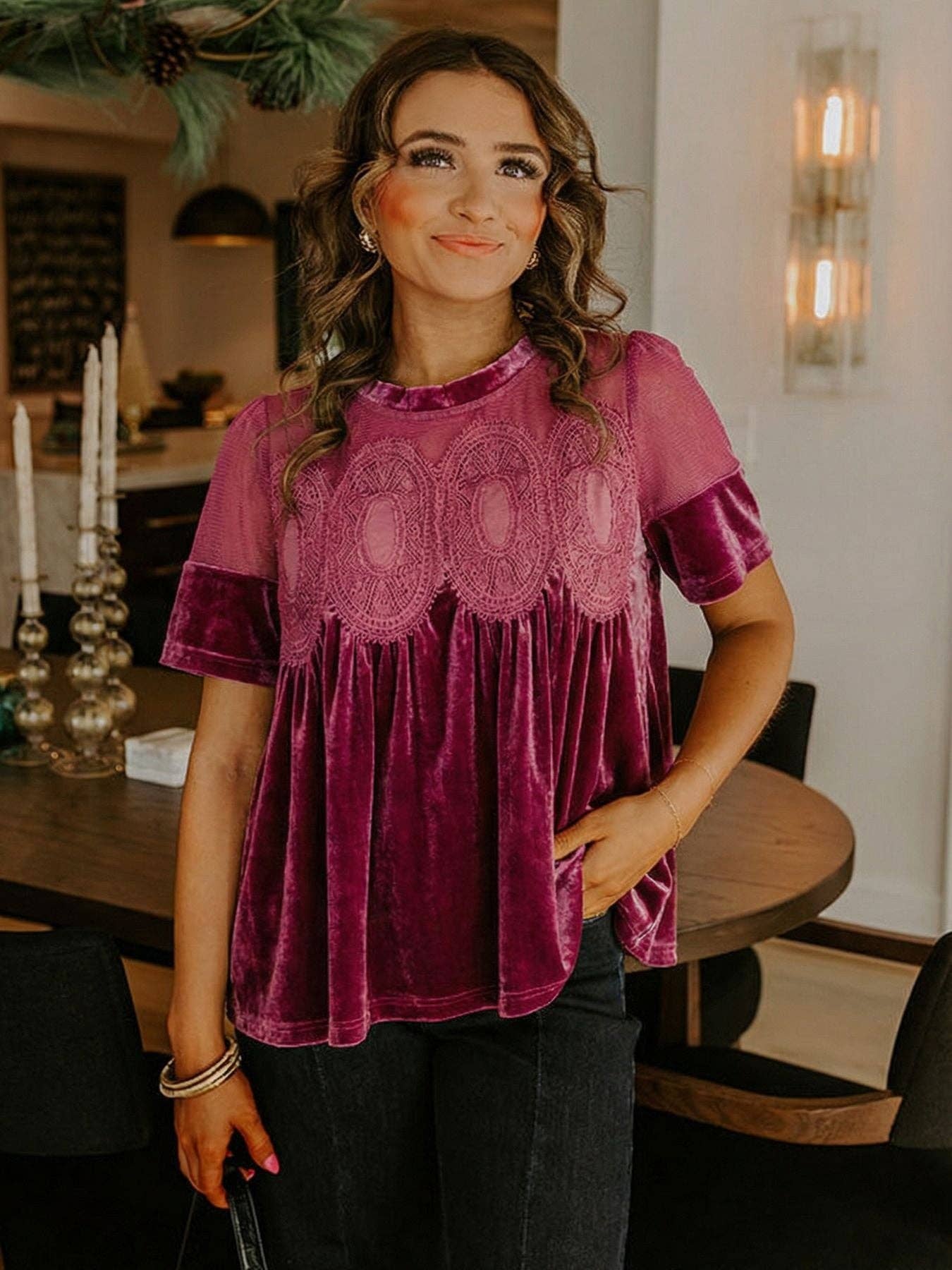 Velvet Top with Lace & Embroidered Trim Gold Velvet Puff Sleeve Blouse