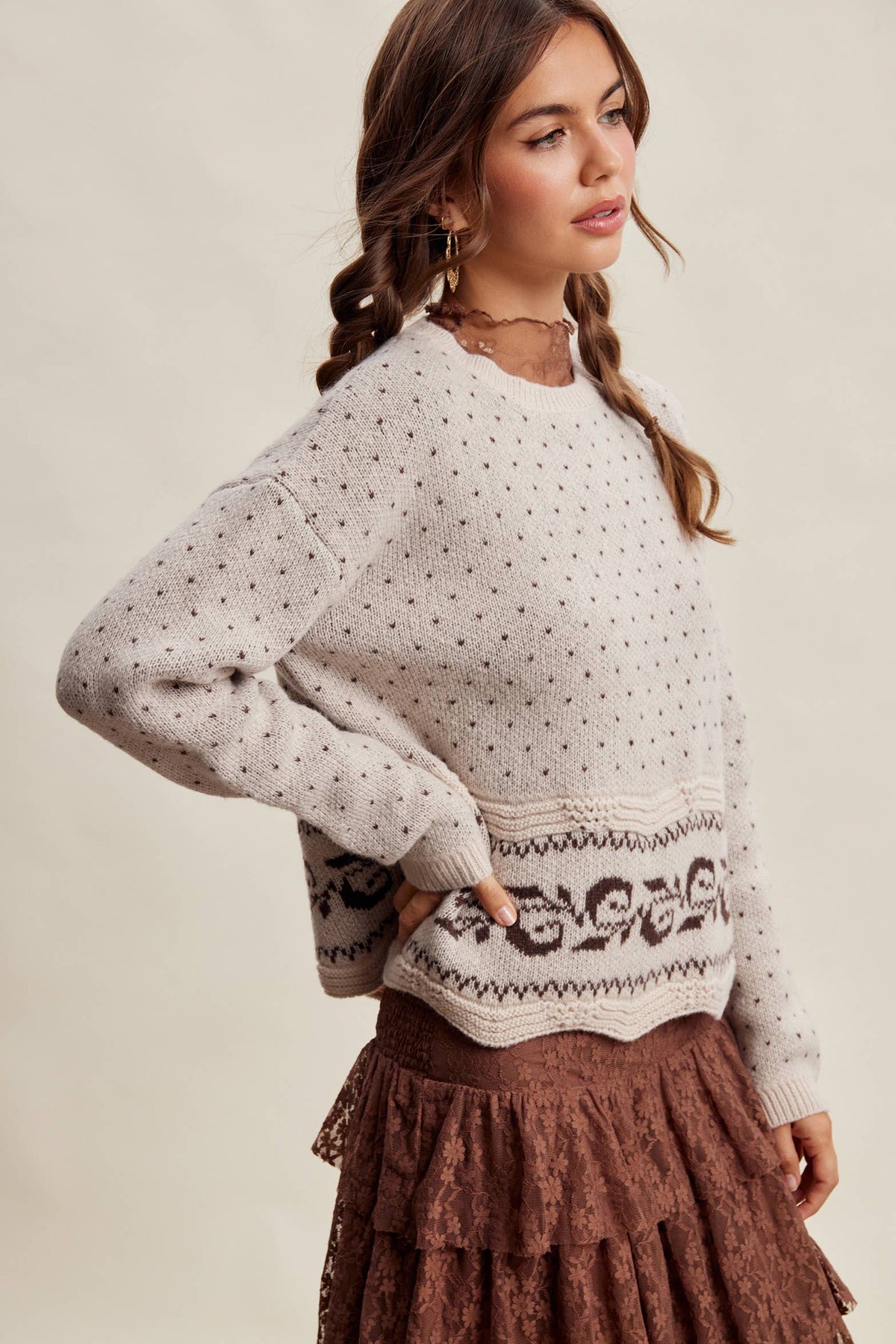 Swiss Dot Border Knit Sweater LSW1092