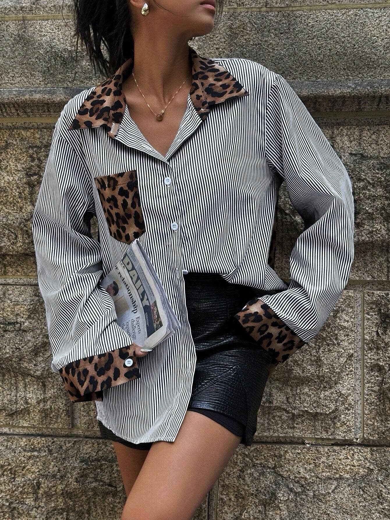 Fashionable leopard patchwork loose casual shirt