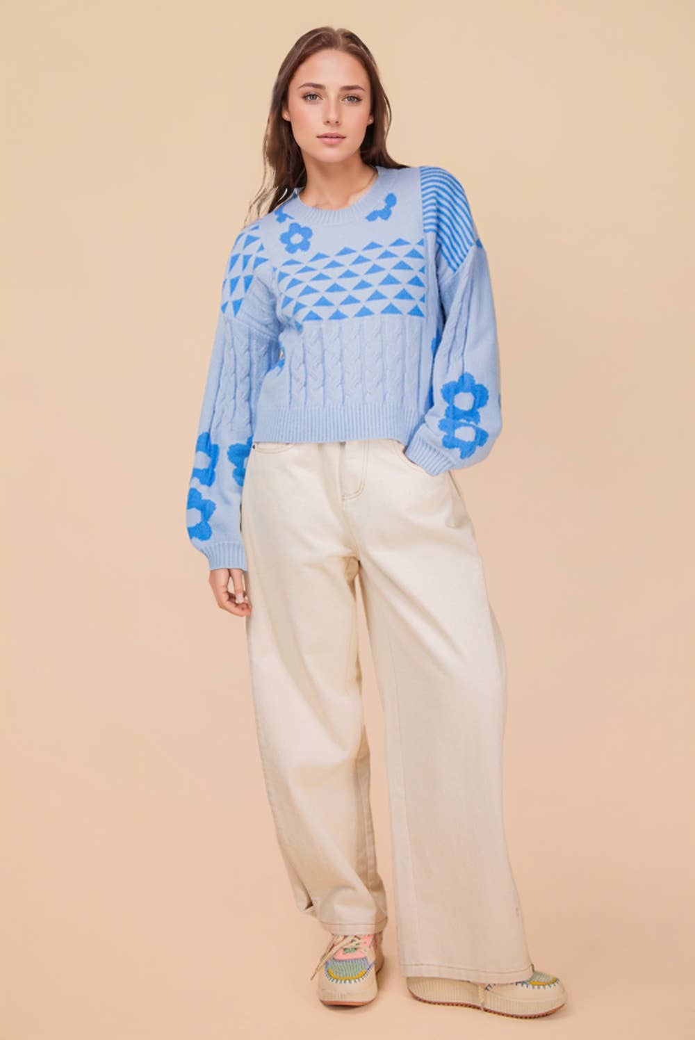 12W3576N-Oversized Balloon Sleeve Graphic Knit Sweater Top