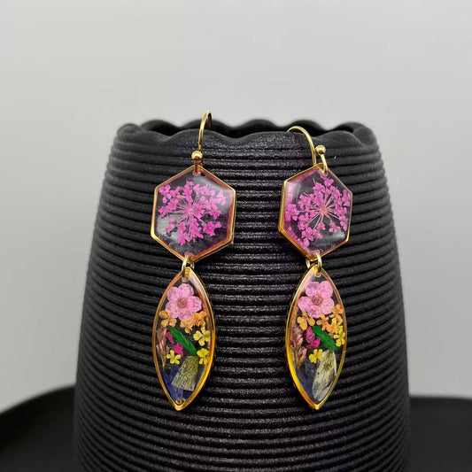 Dried Flowers Floral Geometric 18K Golden SS Earrings - PDF