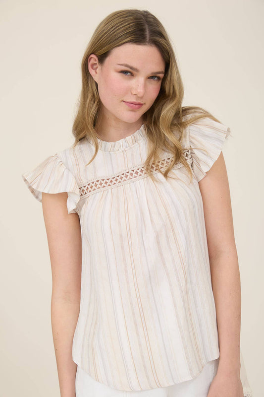 MULTICOLOR STRIPE LACE TRIM RUFFLE SLEEVE TOP