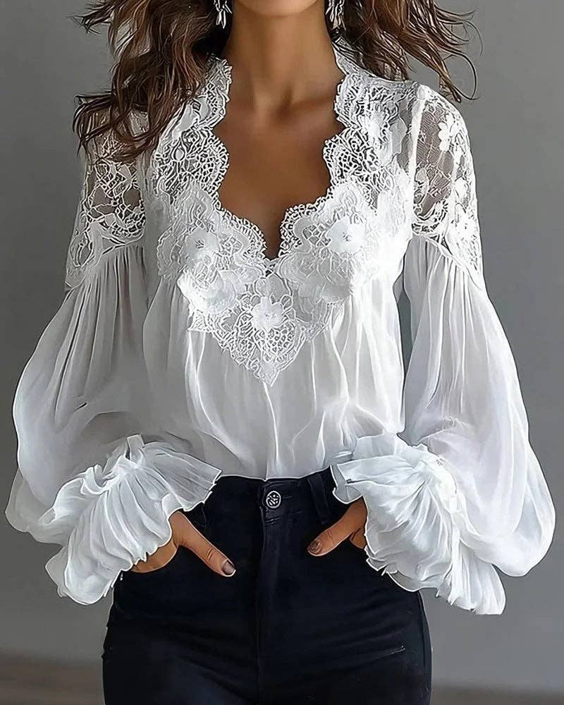 Embroidered Lace V Neck Balloon Sleeve Blouse
