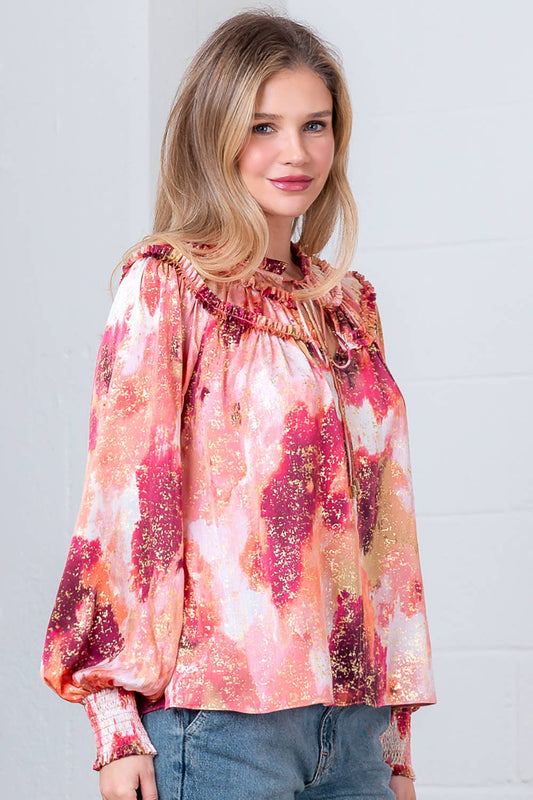 HT28064T-FLOWY BLOUSE WITH NECK TIE & SMOCKING DETAIL
