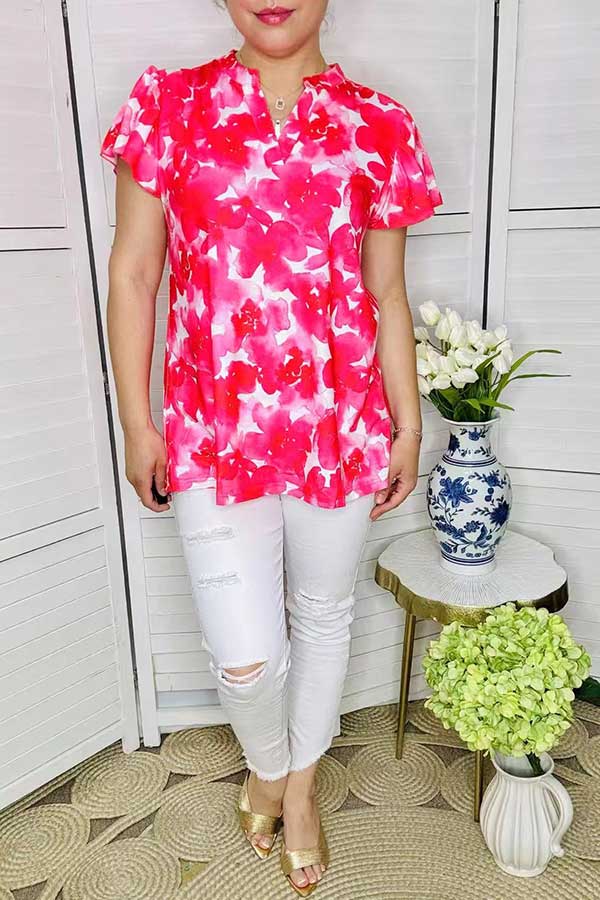 Short sleeve/ruffle V-neckline women tops GJQ15835