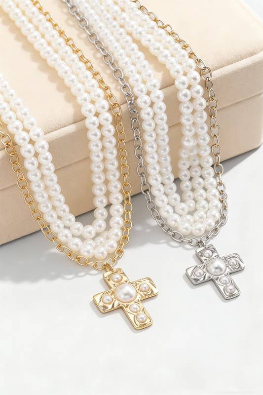 Notable Hammered Cross Multi Wrap Pearl Necklace