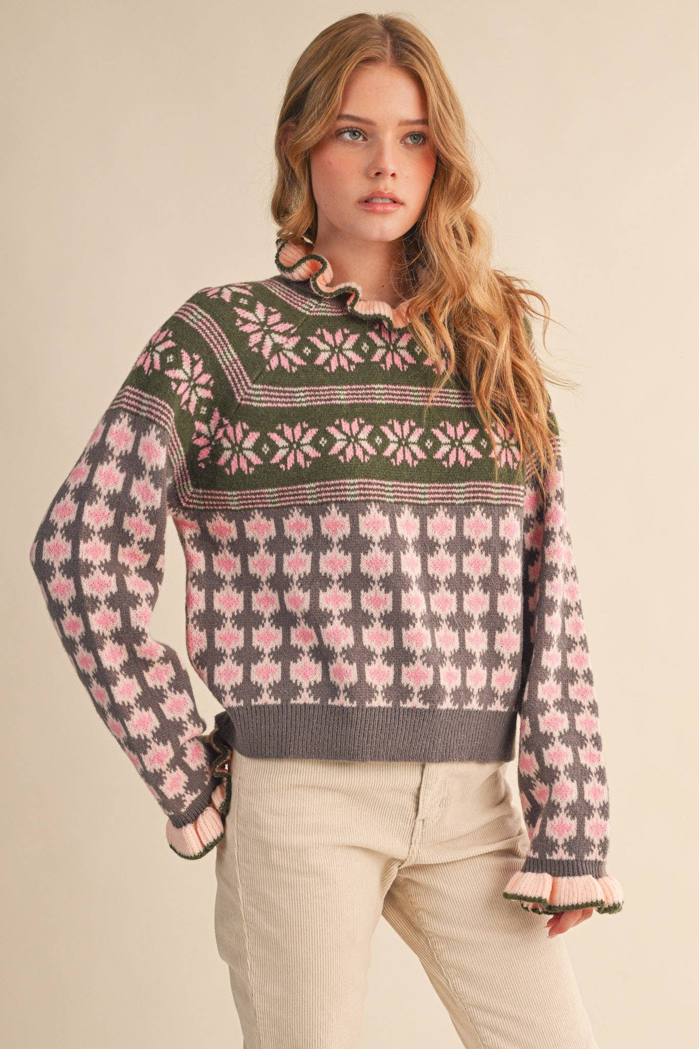 RUFFLED MOCK NECK FAIR ISLE SWEATER MSW10961