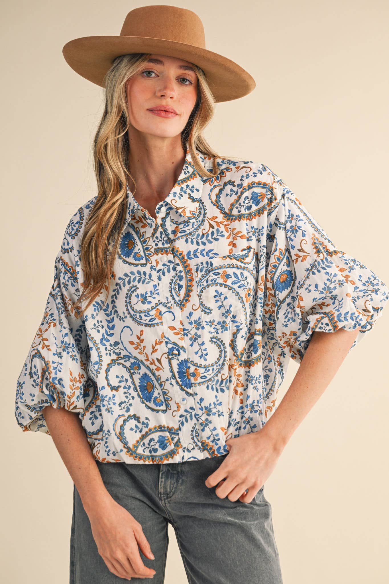 EXCLUSIVE PAISLEY PRINT BUTTON DOWN BUBBLE SLV TOP MTP4568