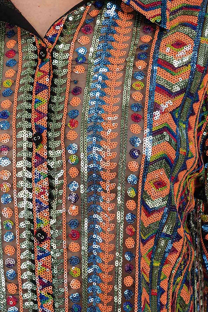 MULTI COLOR SEQUINED BUTTON DOWN SHIRT TOP
