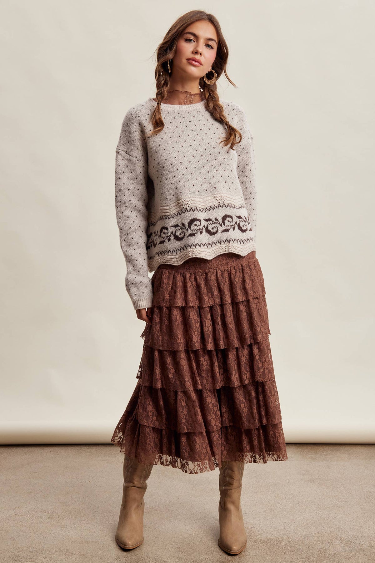 Swiss Dot Border Knit Sweater LSW1092