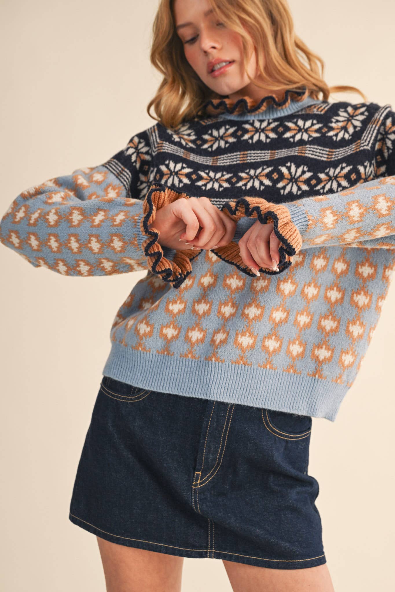 RUFFLED MOCK NECK FAIR ISLE SWEATER MSW10961