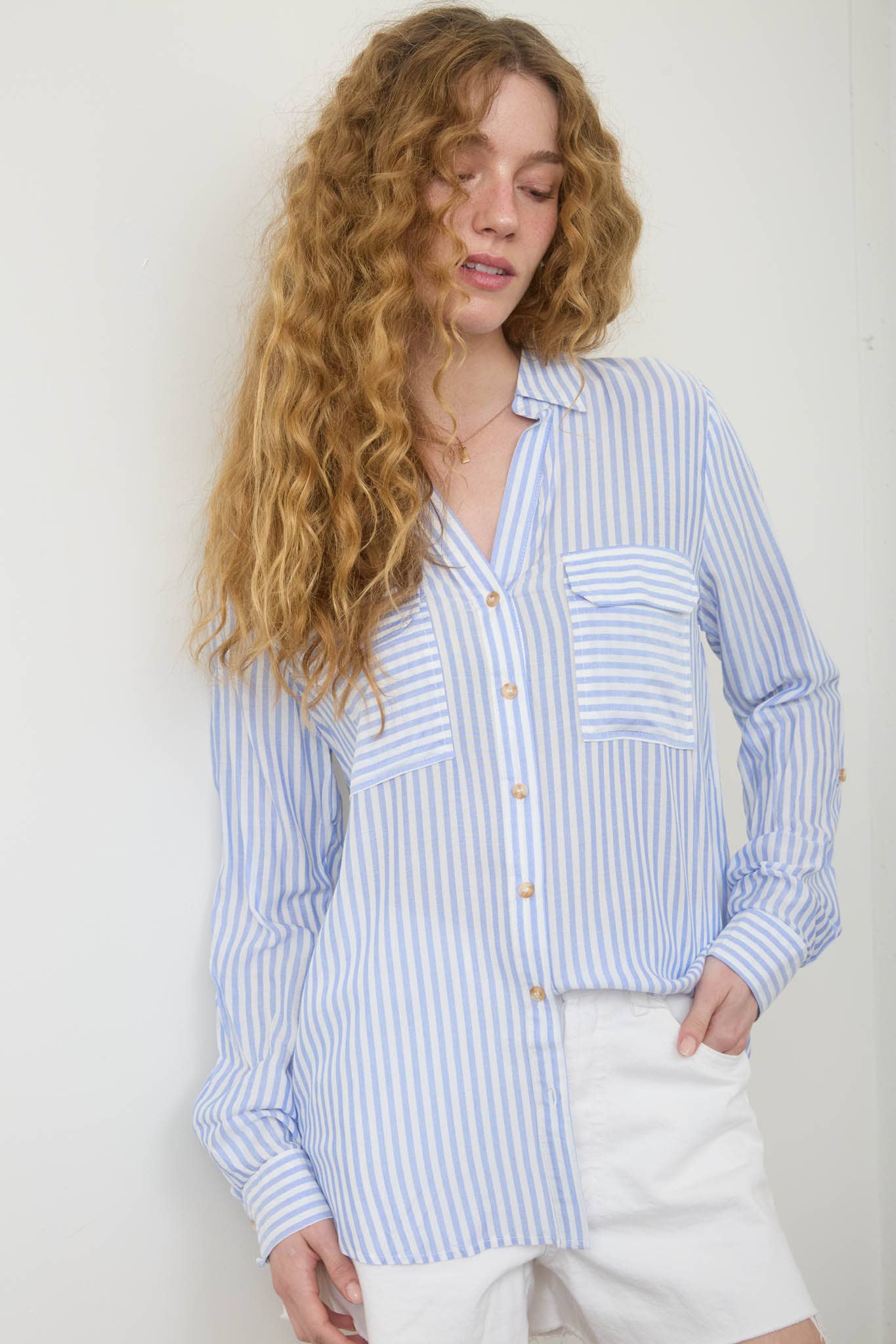 STRIPE COLLARED BUTTON DOWN LIGHTWEIGHT SHIRT