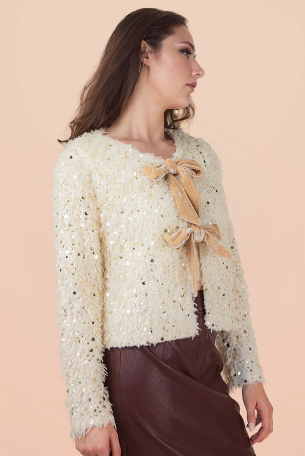 NJ90462-Sequin Textured Holiday Jacket W/ Front Tie