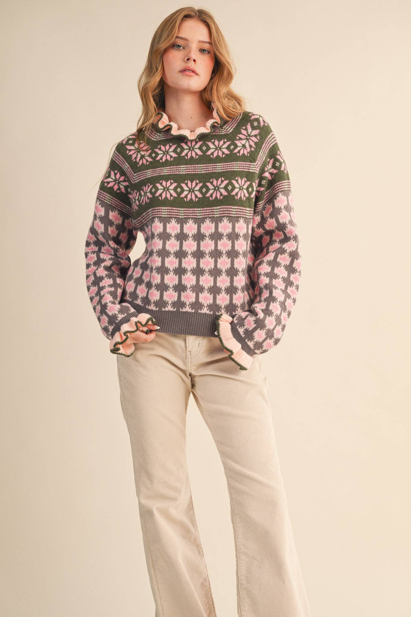 RUFFLED MOCK NECK FAIR ISLE SWEATER MSW10961