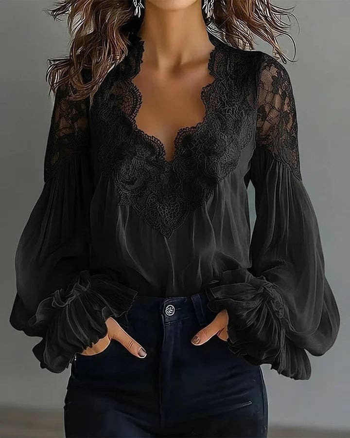 Embroidered Lace V Neck Balloon Sleeve Blouse
