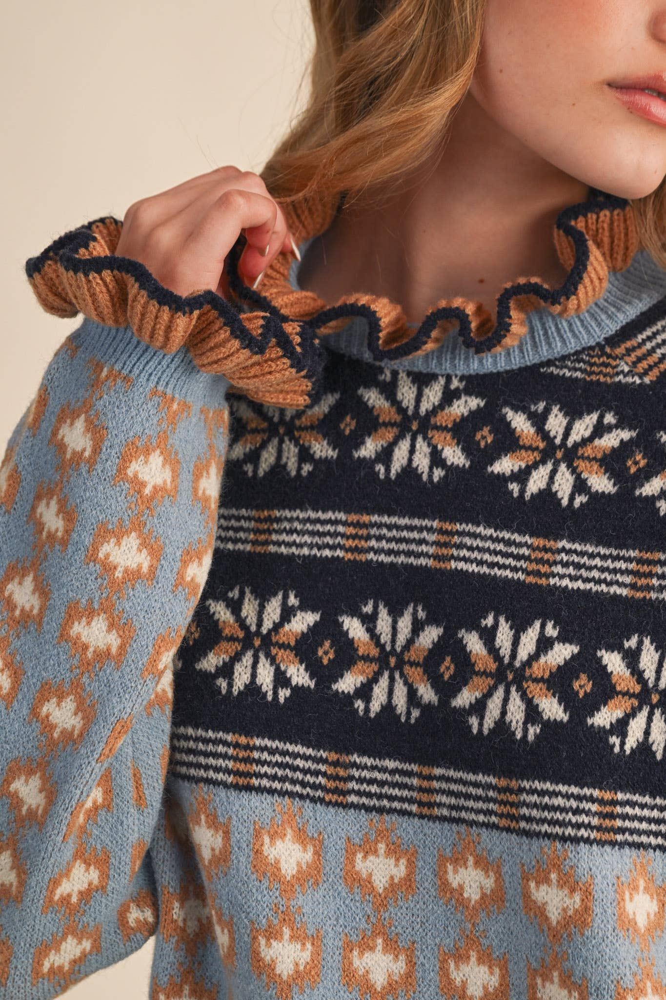 RUFFLED MOCK NECK FAIR ISLE SWEATER MSW10961