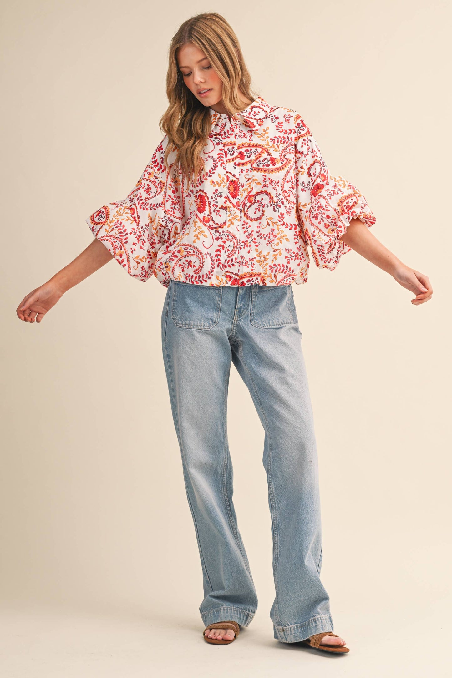 EXCLUSIVE PAISLEY PRINT BUTTON DOWN BUBBLE SLV TOP MTP4568