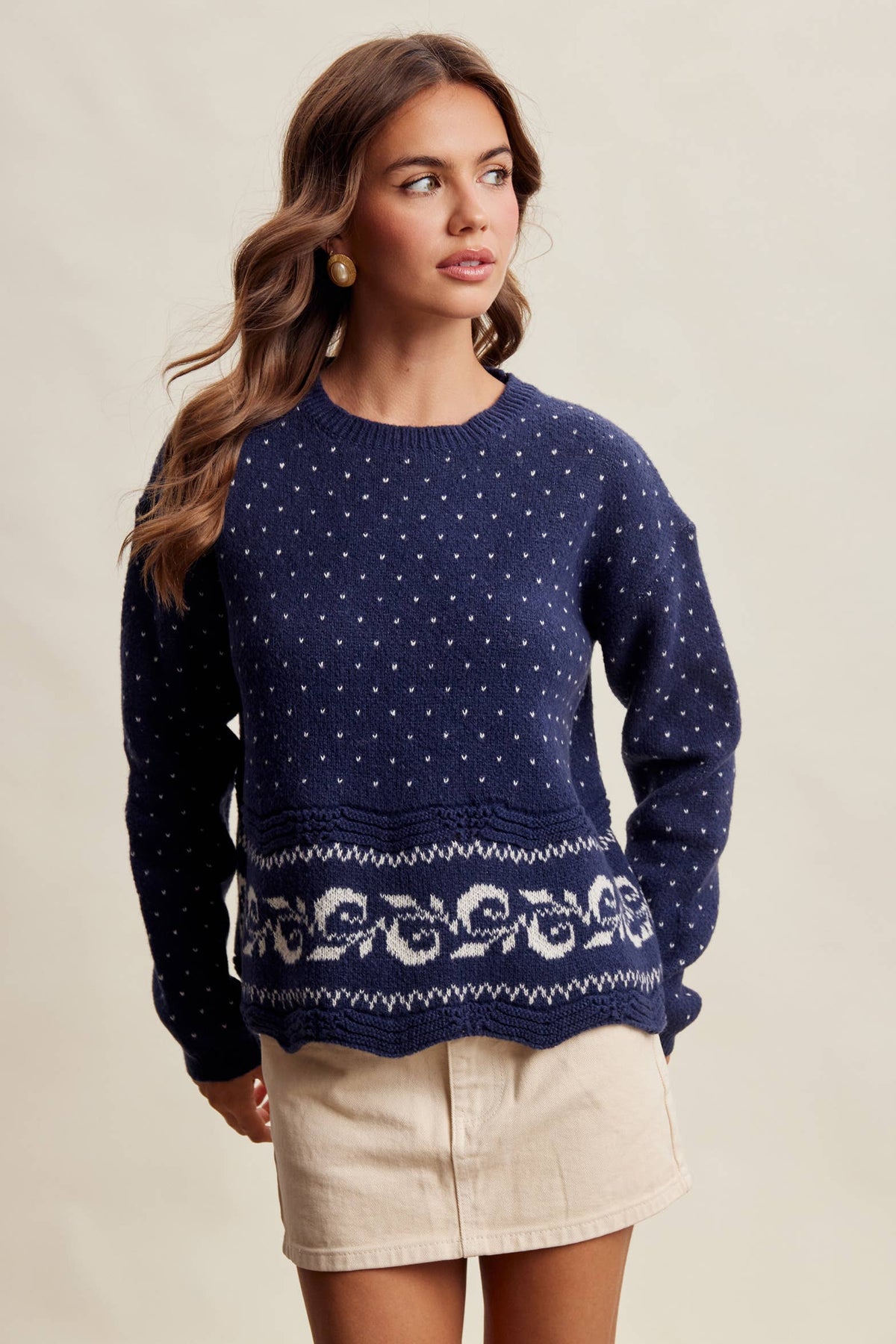 Swiss Dot Border Knit Sweater LSW1092