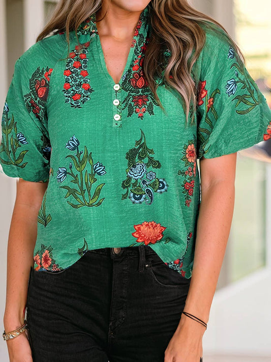 Floral Print Buttoned V Neck Short Sleeve Blouse