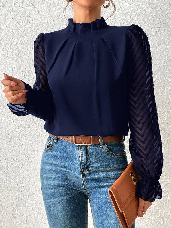 Mock Neck Chiffon Blouse Lace Sleeve Elegant Work Top